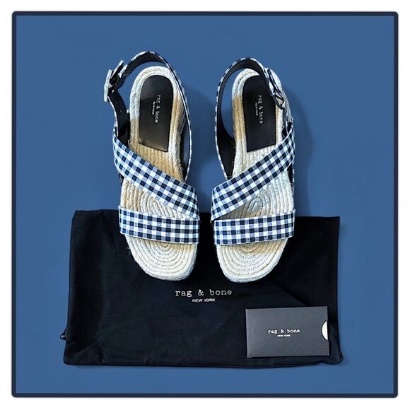 Rag & Bone Megan Platform Sandals Espadrilles Navy Gingham - Picture 14 of 16